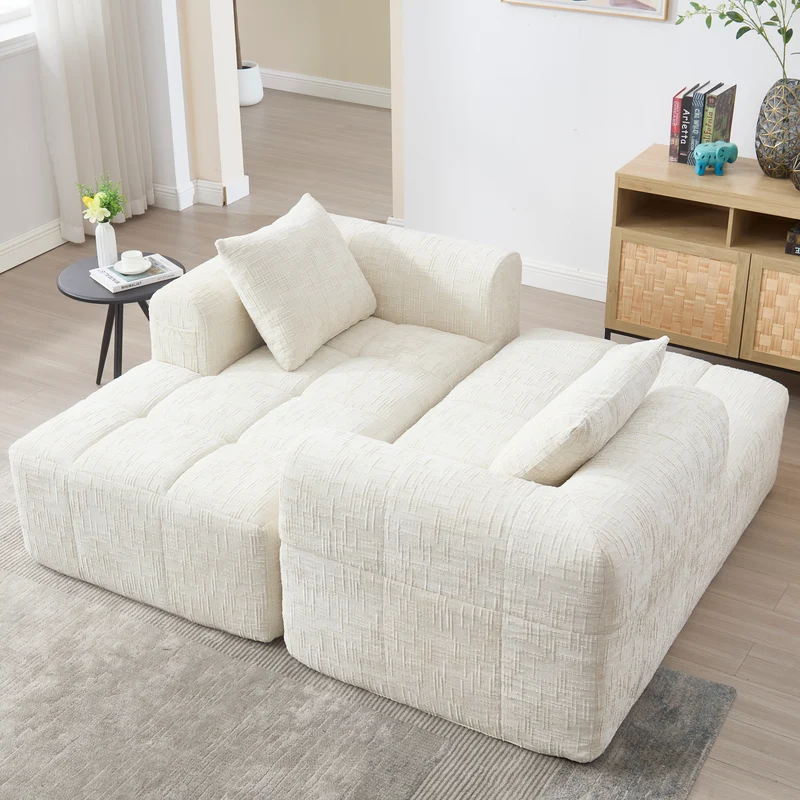 Canapé d'angle 3 places en chenille beige avec méridienne et poches latérales sans montage VERTEXVYNRAK