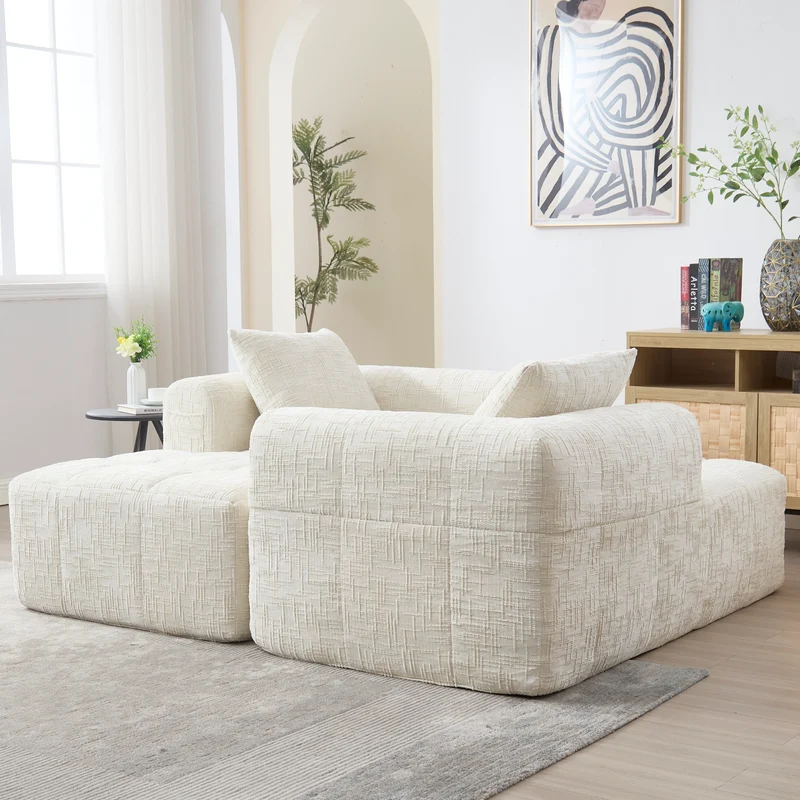 Canapé d'angle 3 places en chenille beige avec méridienne et poches latérales sans montage VERTEXVYNRAK