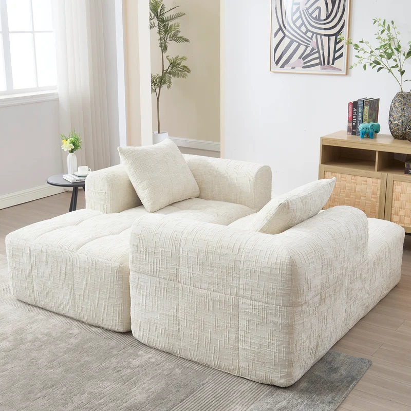 Canapé d'angle 3 places en chenille beige avec méridienne et poches latérales sans montage VERTEXVYNRAK