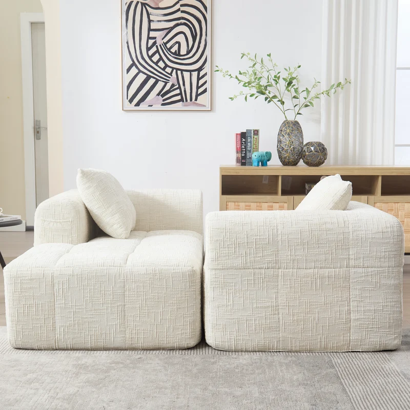 Canapé d'angle 3 places en chenille beige avec méridienne et poches latérales sans montage VERTEXVYNRAK