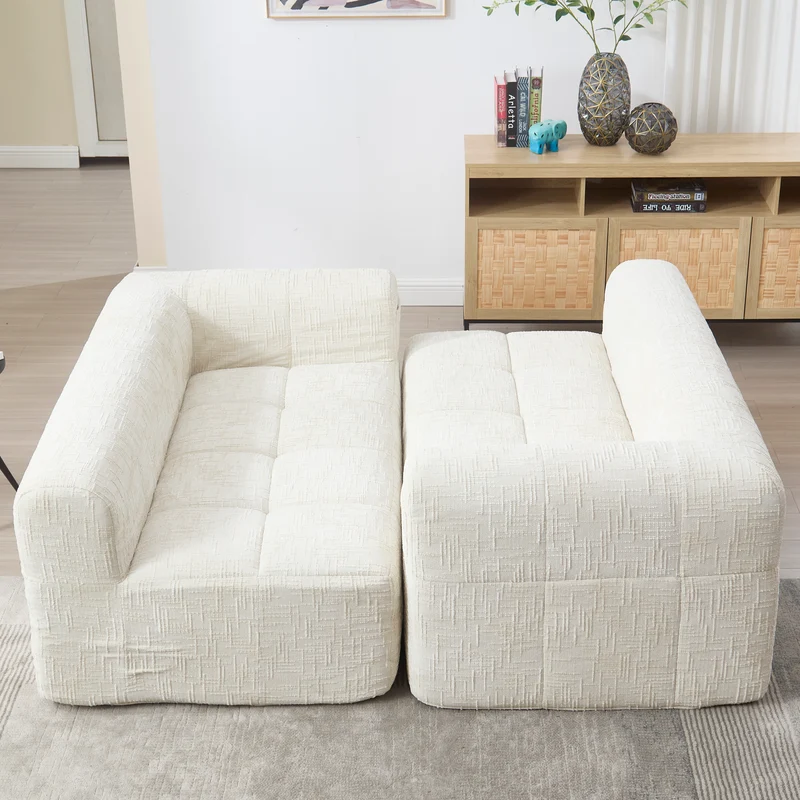 Canapé d'angle 3 places en chenille beige avec méridienne et poches latérales sans montage VERTEXVYNRAK