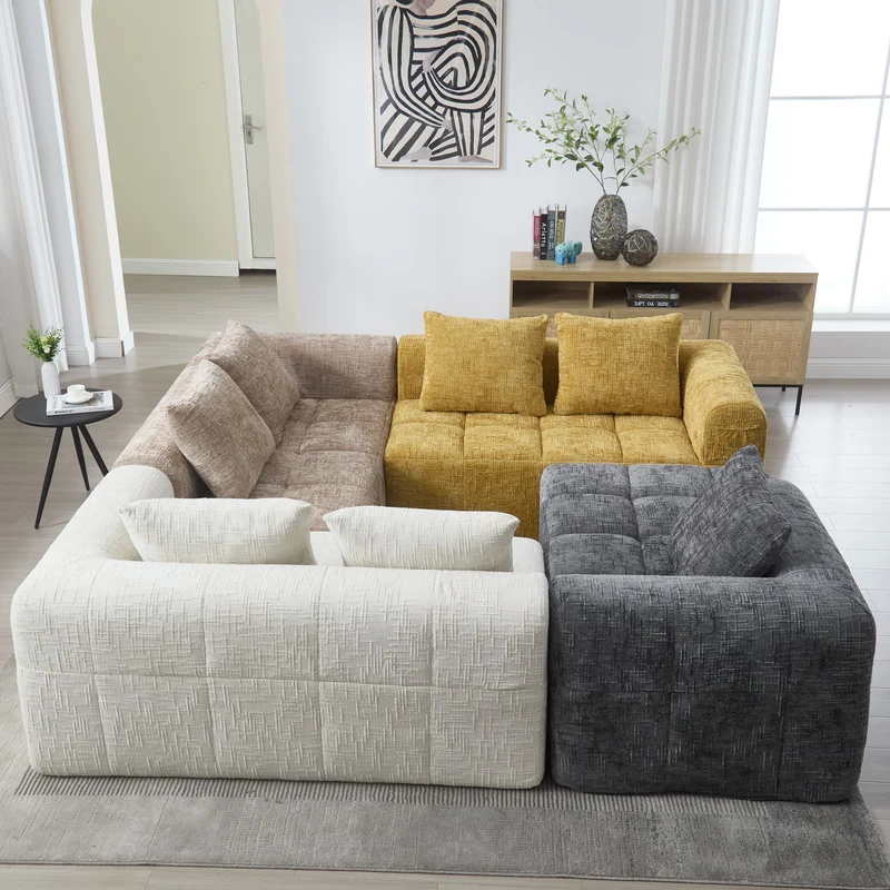Canapé d'angle 3 places en chenille beige avec méridienne et poches latérales sans montage VERTEXVYNRAK
