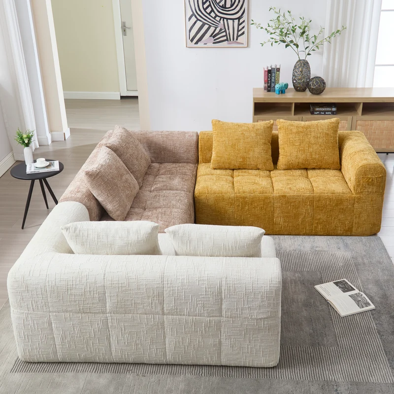 Canapé d'angle 3 places en chenille beige avec méridienne et poches latérales sans montage VERTEXVYNRAK