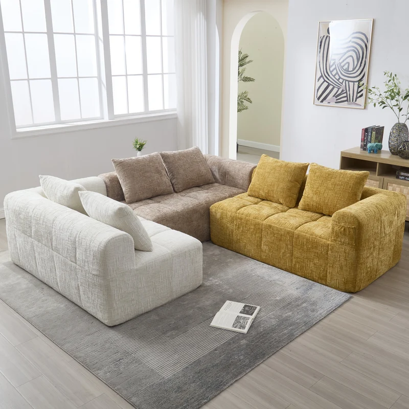 Canapé d'angle 3 places en chenille beige avec méridienne et poches latérales sans montage VERTEXVYNRAK