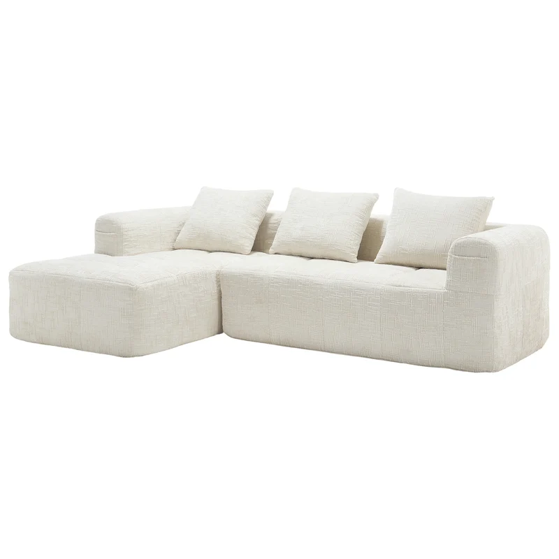 Canapé d'angle 3 places en chenille beige avec méridienne et poches latérales sans montage VERTEXVYNRAK