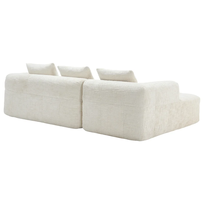 Canapé d'angle 3 places en chenille beige avec méridienne et poches latérales sans montage VERTEXVYNRAK