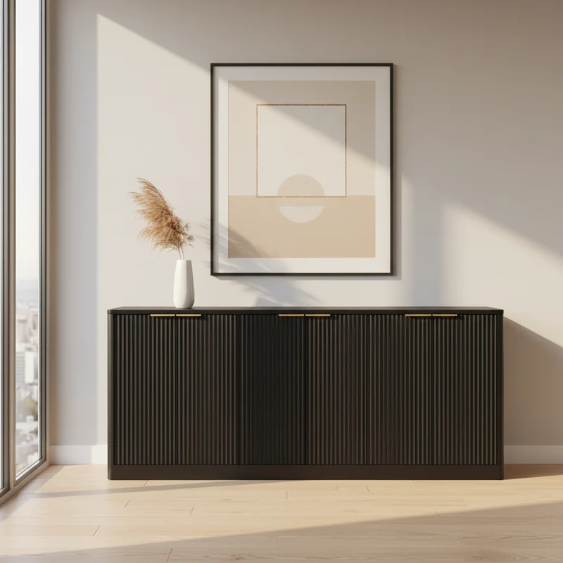 Buffet noir 6 portes façade ondulé et détails dorés 170x40x70,5cm VERTEXKRYOSYNOR