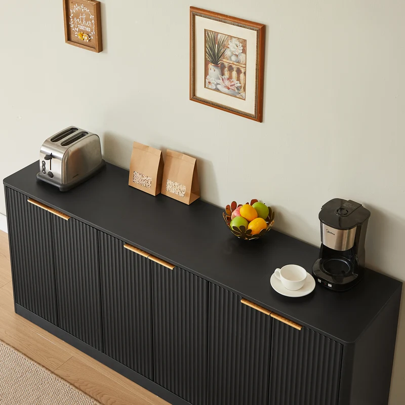 Buffet noir 6 portes façade ondulé et détails dorés 170x40x70,5cm VERTEXKRYOSYNOR
