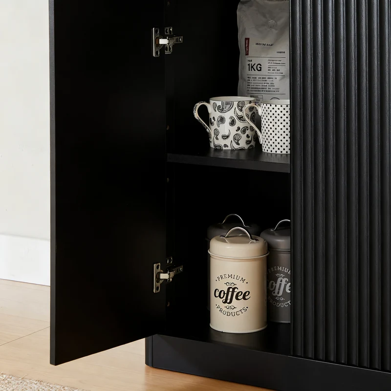 Buffet noir 6 portes façade ondulé et détails dorés 170x40x70,5cm VERTEXKRYOSYNOR