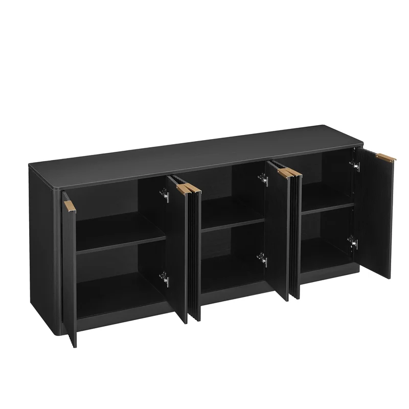 Buffet noir 6 portes façade ondulé et détails dorés 170x40x70,5cm VERTEXKRYOSYNOR