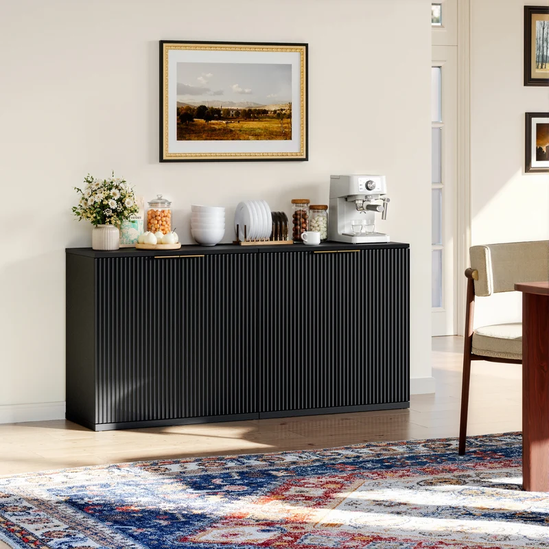 Buffet noir 2 portes façade texturée et détails dorés 60x30x70 cm VERTEXKRYOSYNATH