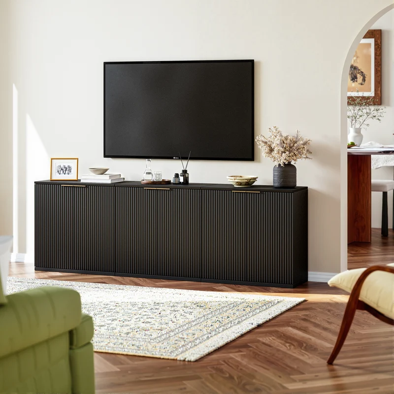 Buffet noir 2 portes façade texturée et détails dorés 60x30x70 cm VERTEXKRYOSYNATH