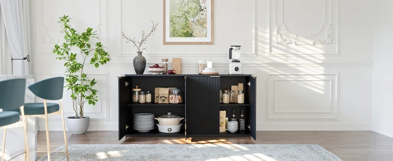 Buffet noir 2 portes façade texturée et détails dorés 60x30x70 cm VERTEXKRYOSYNATH