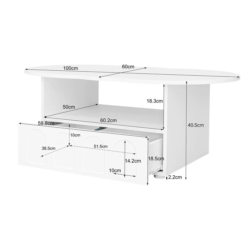 Table basse blanc forme nuage avec tiroir et niche 100x60x40,5 cm RIFTMYRKONOR