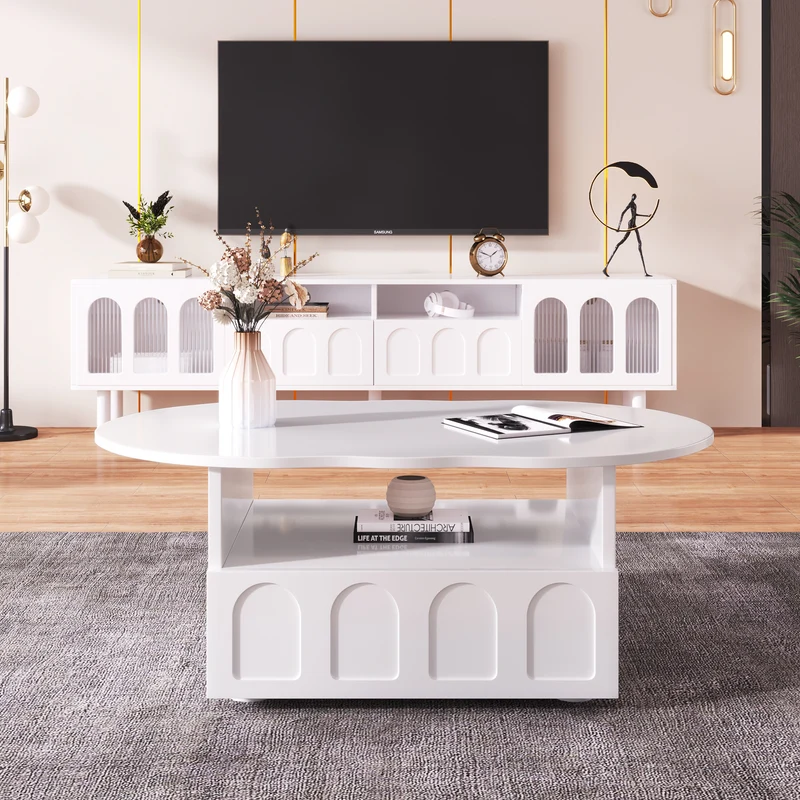 Table basse blanc forme nuage avec tiroir et niche 100x60x40,5 cm RIFTMYRKONOR