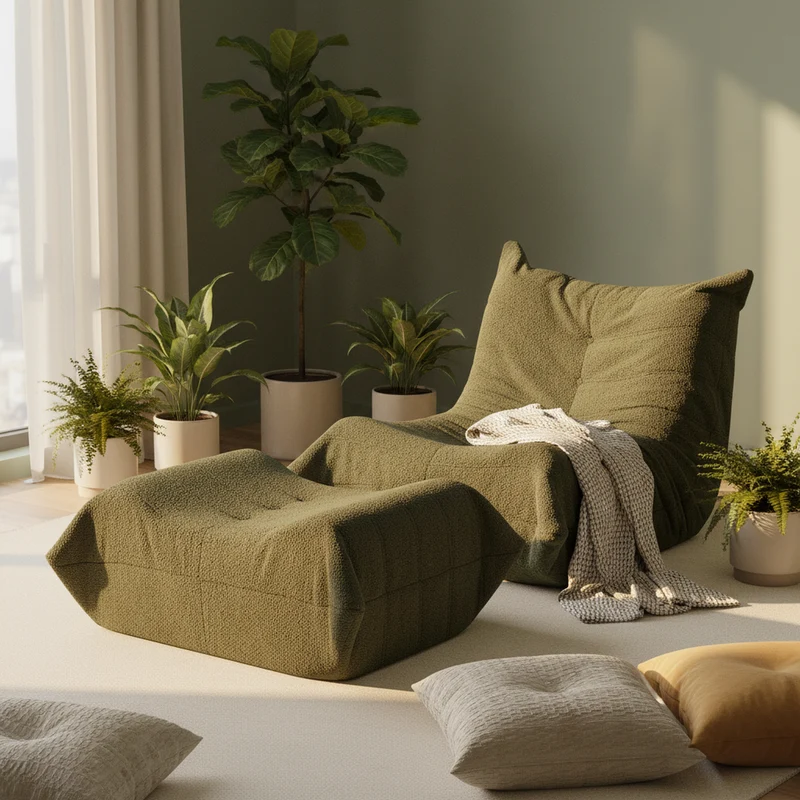 Fauteuil Lazy en peluche teddy vert avec repose-pieds, mousse haute densité VERTEXRYLATHYN