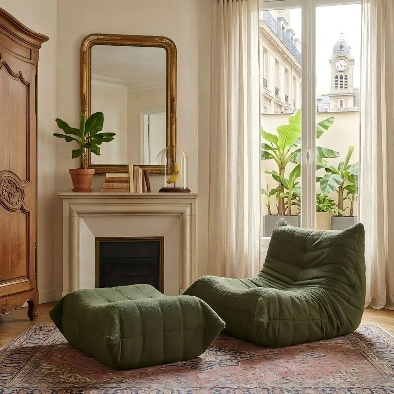 Fauteuil Lazy en peluche teddy vert avec repose-pieds, mousse haute densité VERTEXRYLATHYN