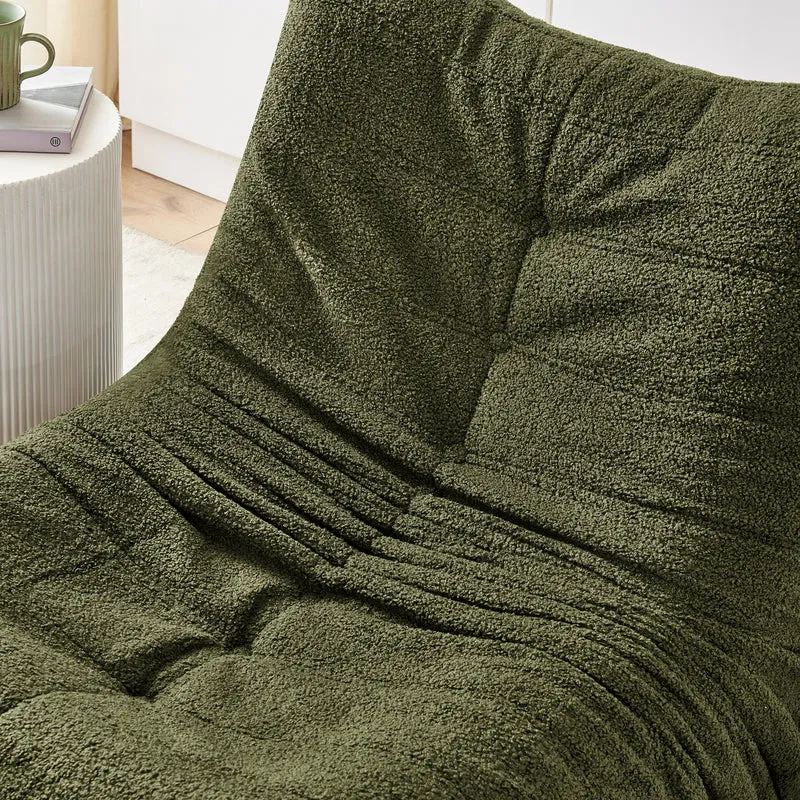 Fauteuil Lazy en peluche teddy vert avec repose-pieds, mousse haute densité VERTEXRYLATHYN