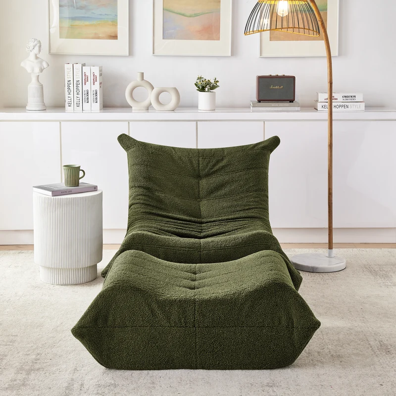 Fauteuil Lazy en peluche teddy vert avec repose-pieds, mousse haute densité VERTEXRYLATHYN