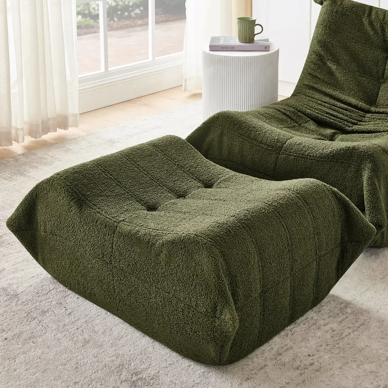 Fauteuil Lazy en peluche teddy vert avec repose-pieds, mousse haute densité VERTEXRYLATHYN