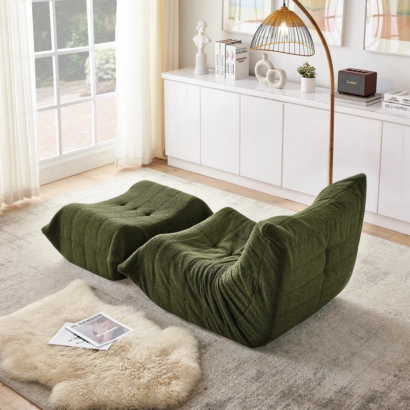 Fauteuil Lazy en peluche teddy vert avec repose-pieds, mousse haute densité VERTEXRYLATHYN