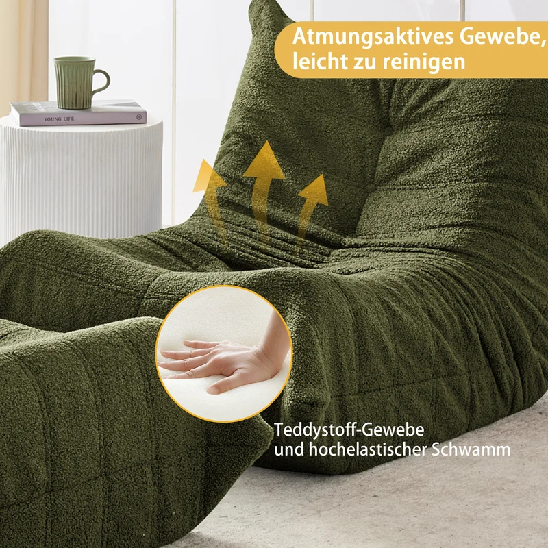 Fauteuil Lazy en peluche teddy vert avec repose-pieds, mousse haute densité VERTEXRYLATHYN