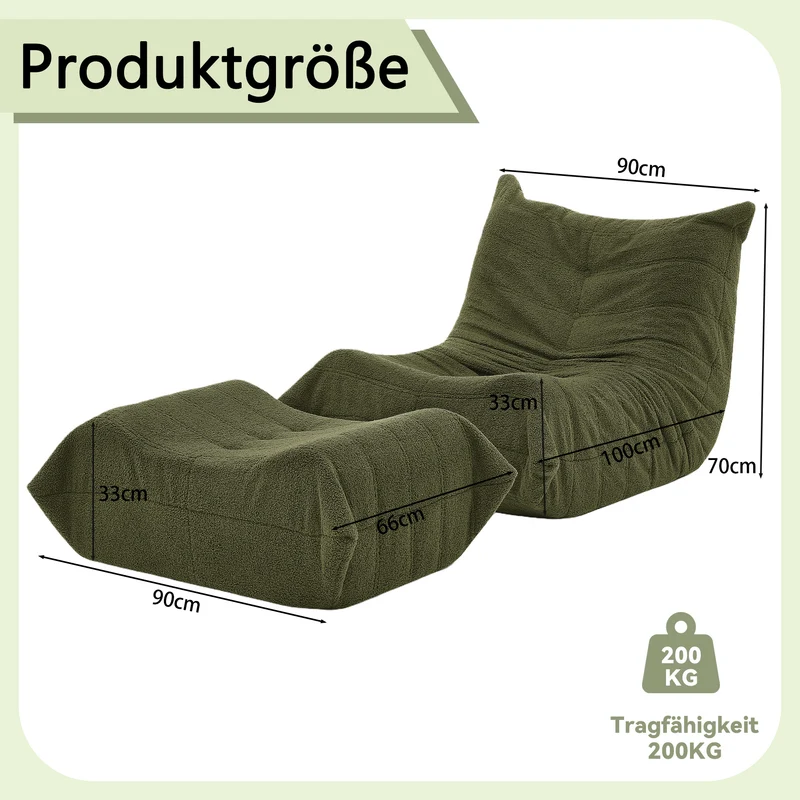 Fauteuil Lazy en peluche teddy vert avec repose-pieds, mousse haute densité VERTEXRYLATHYN
