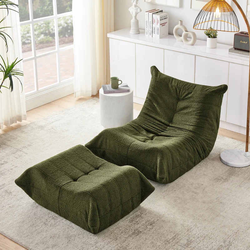 Fauteuil Lazy en peluche teddy vert avec repose-pieds, mousse haute densité VERTEXRYLATHYN