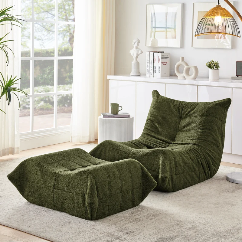 Fauteuil Lazy en peluche teddy vert avec repose-pieds, mousse haute densité VERTEXRYLATHYN