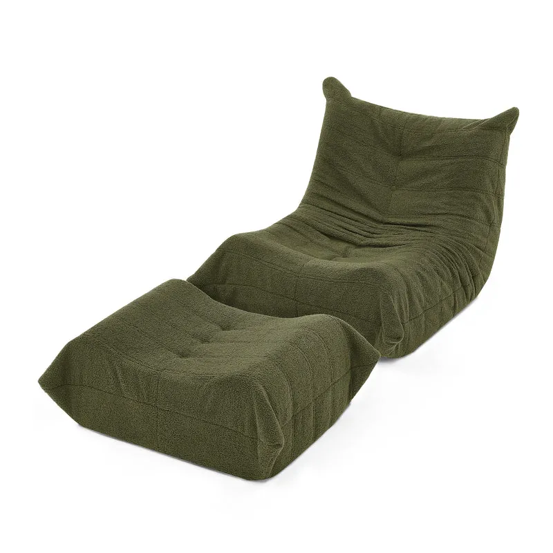 Fauteuil Lazy en peluche teddy vert avec repose-pieds, mousse haute densité VERTEXRYLATHYN