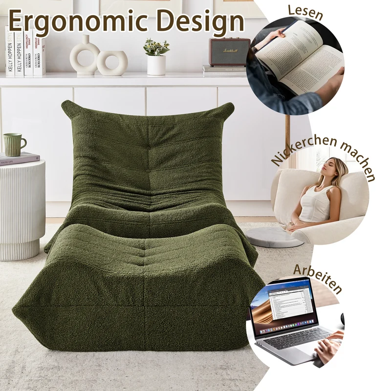 Fauteuil Lazy en peluche teddy vert avec repose-pieds, mousse haute densité VERTEXRYLATHYN
