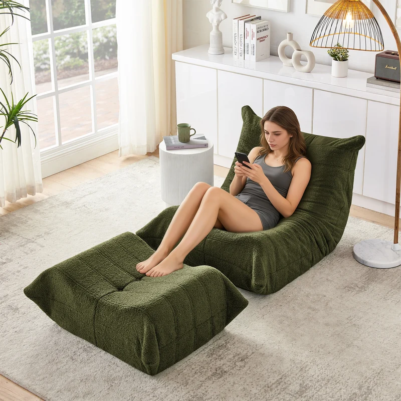 Fauteuil Lazy en peluche teddy vert avec repose-pieds, mousse haute densité VERTEXRYLATHYN