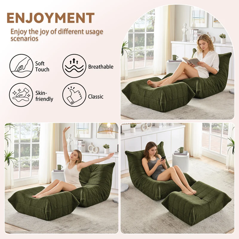 Fauteuil Lazy en peluche teddy vert avec repose-pieds, mousse haute densité VERTEXRYLATHYN