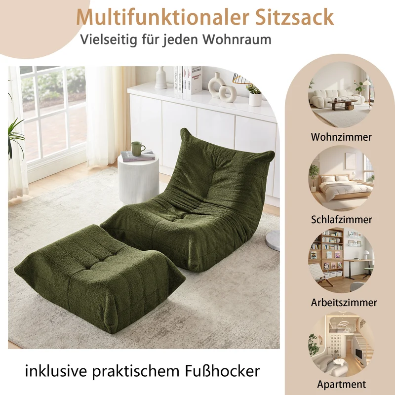 Fauteuil Lazy en peluche teddy vert avec repose-pieds, mousse haute densité VERTEXRYLATHYN