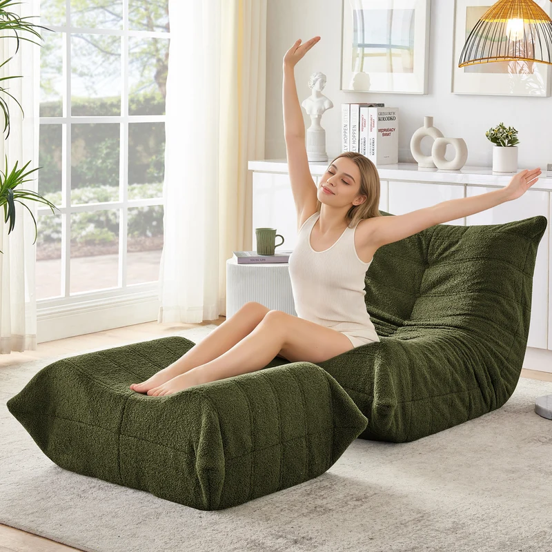 Fauteuil Lazy en peluche teddy vert avec repose-pieds, mousse haute densité VERTEXRYLATHYN