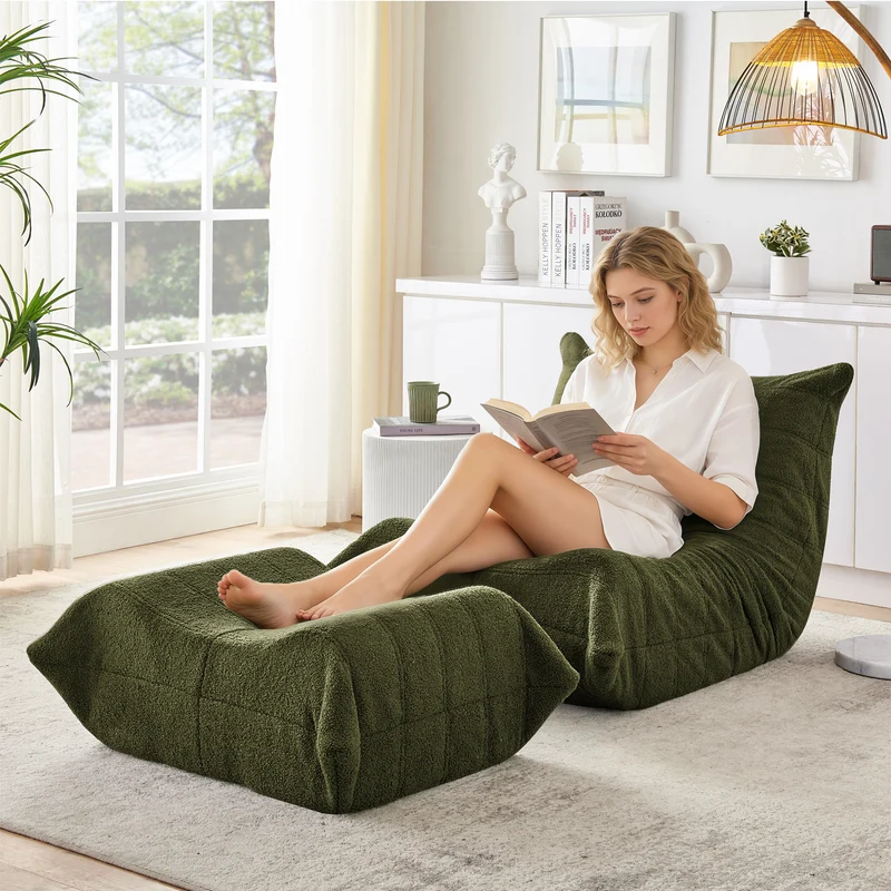 Fauteuil Lazy en peluche teddy vert avec repose-pieds, mousse haute densité VERTEXRYLATHYN