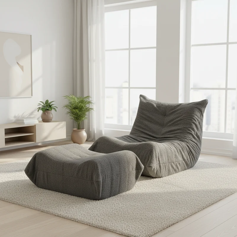 Fauteuil Lazy en peluche teddy gris avec repose-pieds, mousse haute densité VERTEXMORKYNATH