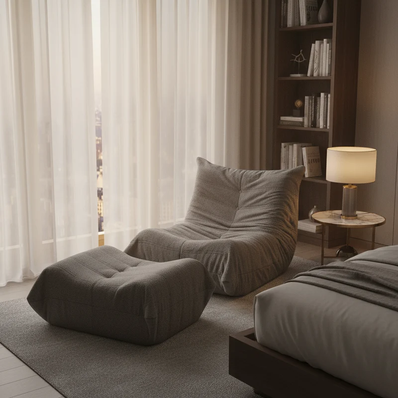 Fauteuil Lazy en peluche teddy gris avec repose-pieds, mousse haute densité VERTEXMORKYNATH