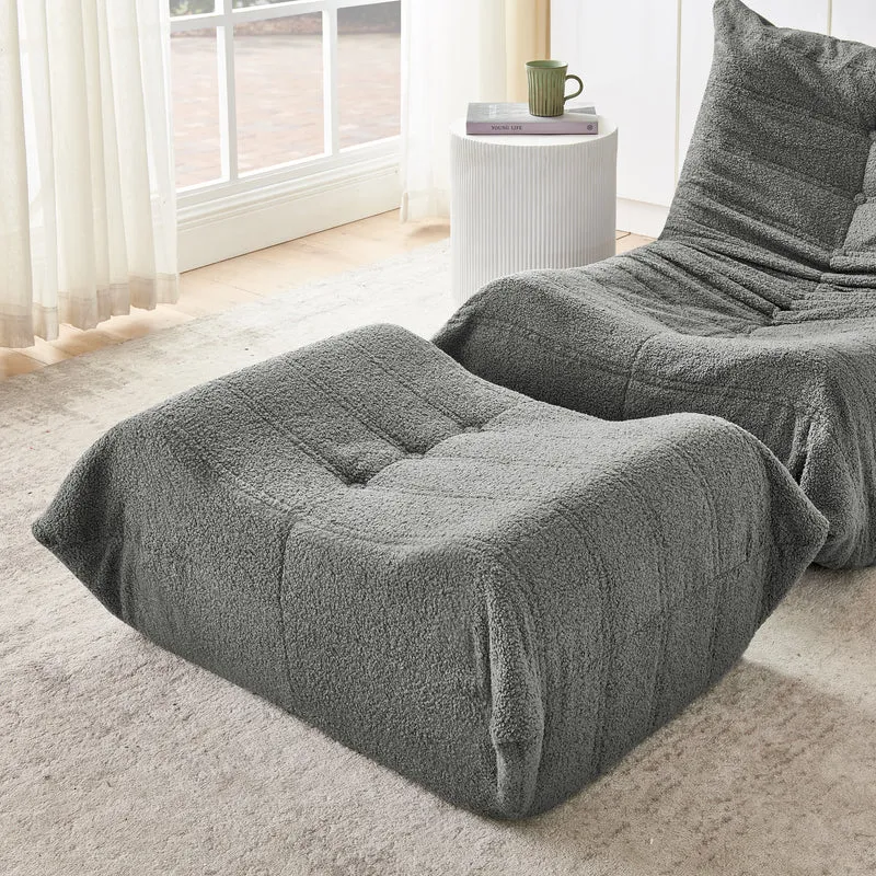 Fauteuil Lazy en peluche teddy gris avec repose-pieds, mousse haute densité VERTEXMORKYNATH