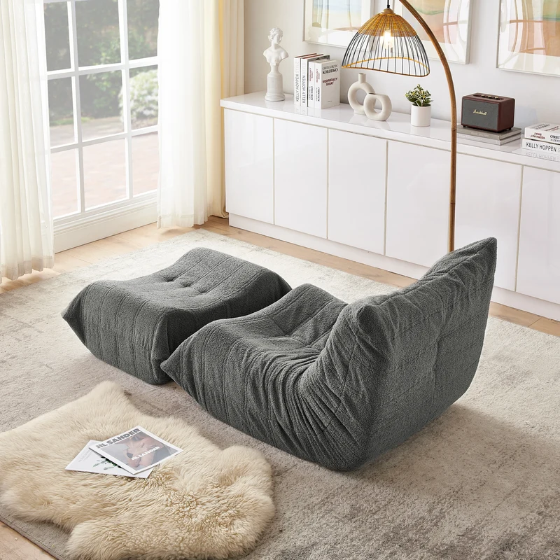 Fauteuil Lazy en peluche teddy gris avec repose-pieds, mousse haute densité VERTEXMORKYNATH