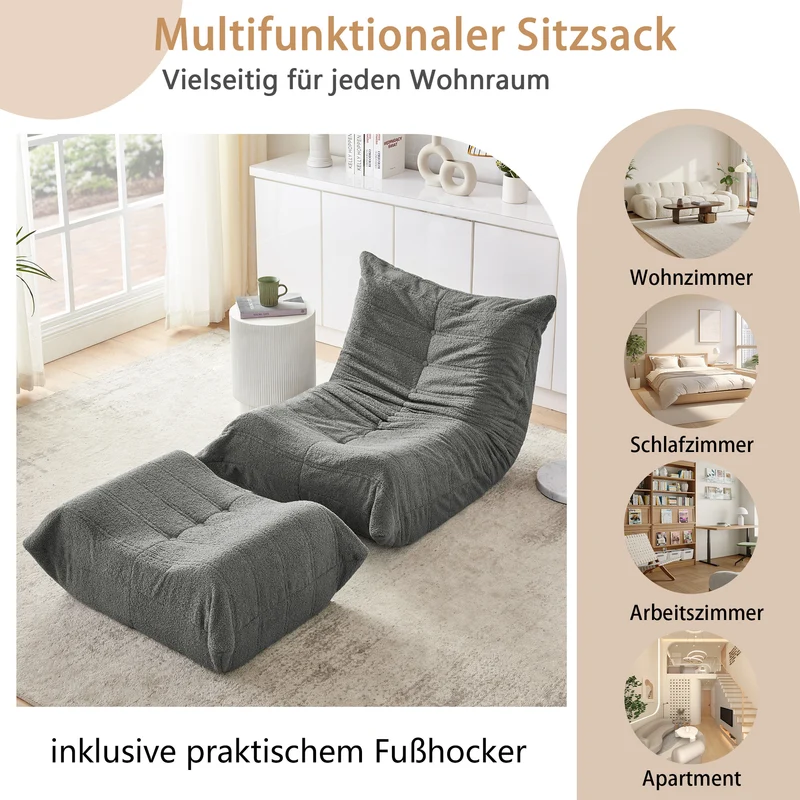 Fauteuil Lazy en peluche teddy gris avec repose-pieds, mousse haute densité VERTEXMORKYNATH
