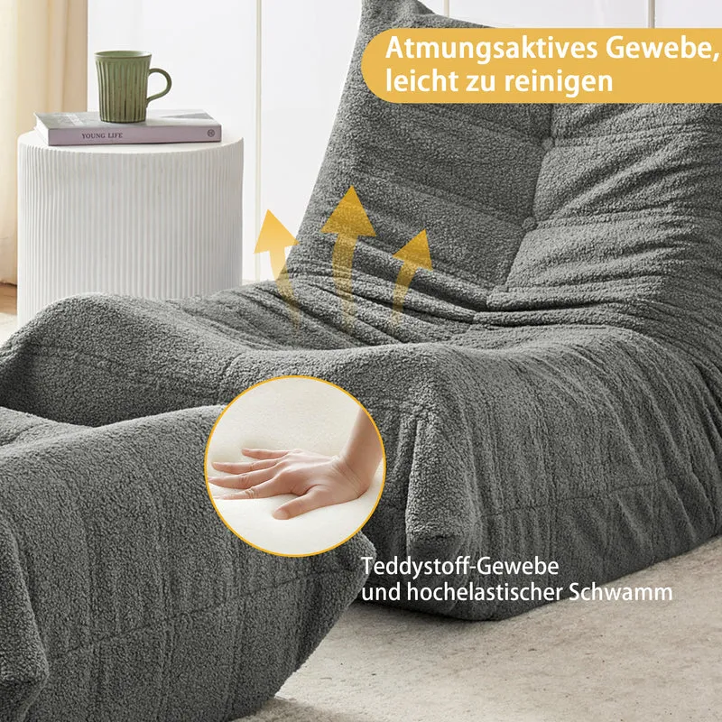 Fauteuil Lazy en peluche teddy gris avec repose-pieds, mousse haute densité VERTEXMORKYNATH