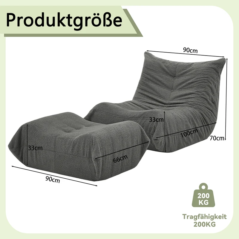 Fauteuil Lazy en peluche teddy gris avec repose-pieds, mousse haute densité VERTEXMORKYNATH