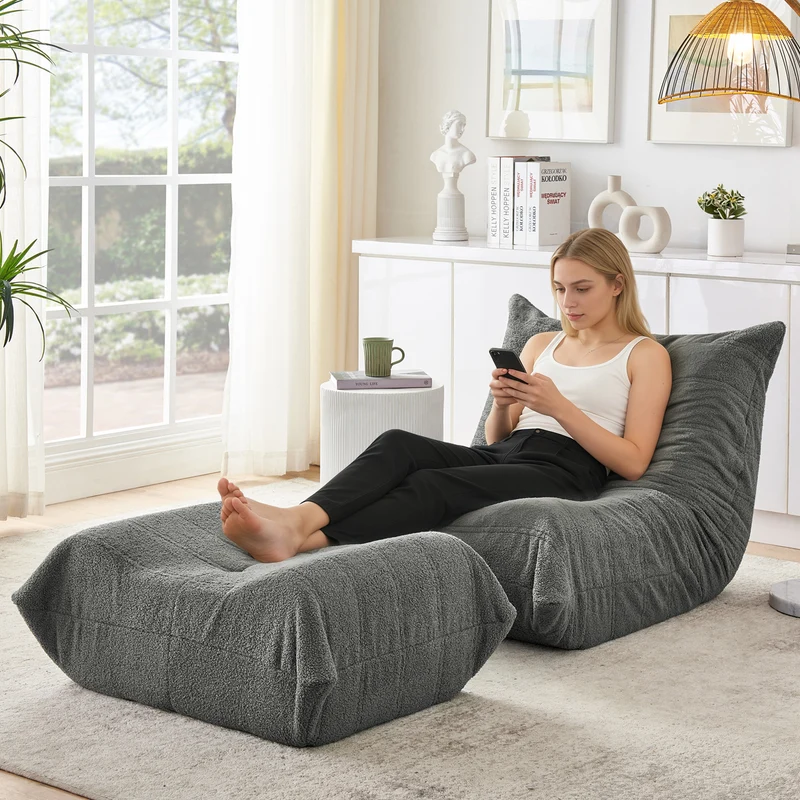Fauteuil Lazy en peluche teddy gris avec repose-pieds, mousse haute densité VERTEXMORKYNATH