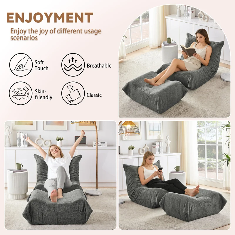 Fauteuil Lazy en peluche teddy gris avec repose-pieds, mousse haute densité VERTEXMORKYNATH