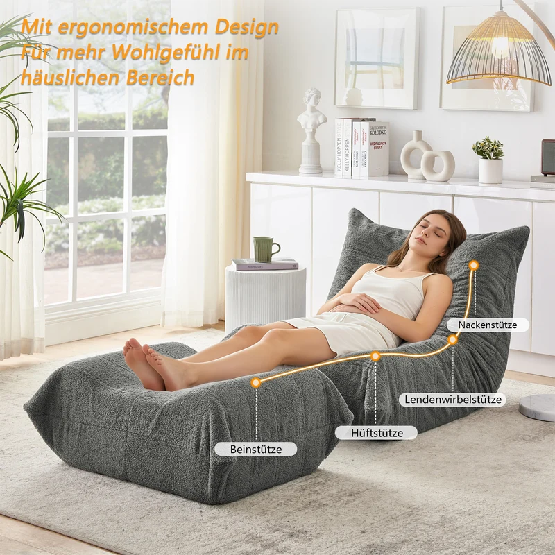 Fauteuil Lazy en peluche teddy gris avec repose-pieds, mousse haute densité VERTEXMORKYNATH