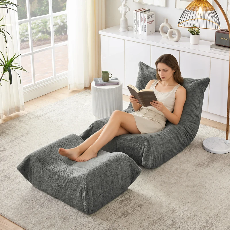 Fauteuil Lazy en peluche teddy gris avec repose-pieds, mousse haute densité VERTEXMORKYNATH
