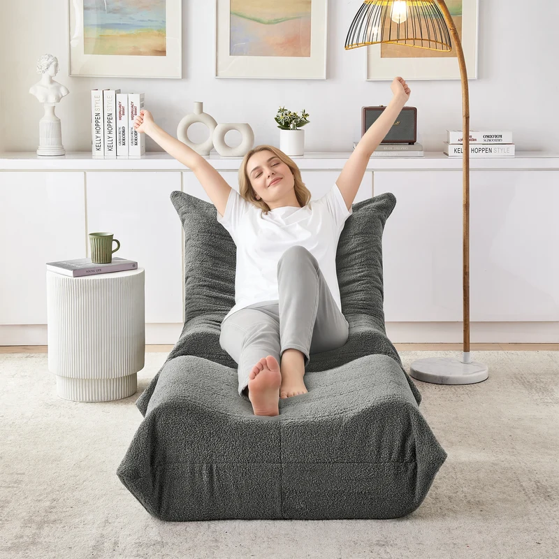 Fauteuil Lazy en peluche teddy gris avec repose-pieds, mousse haute densité VERTEXMORKYNATH