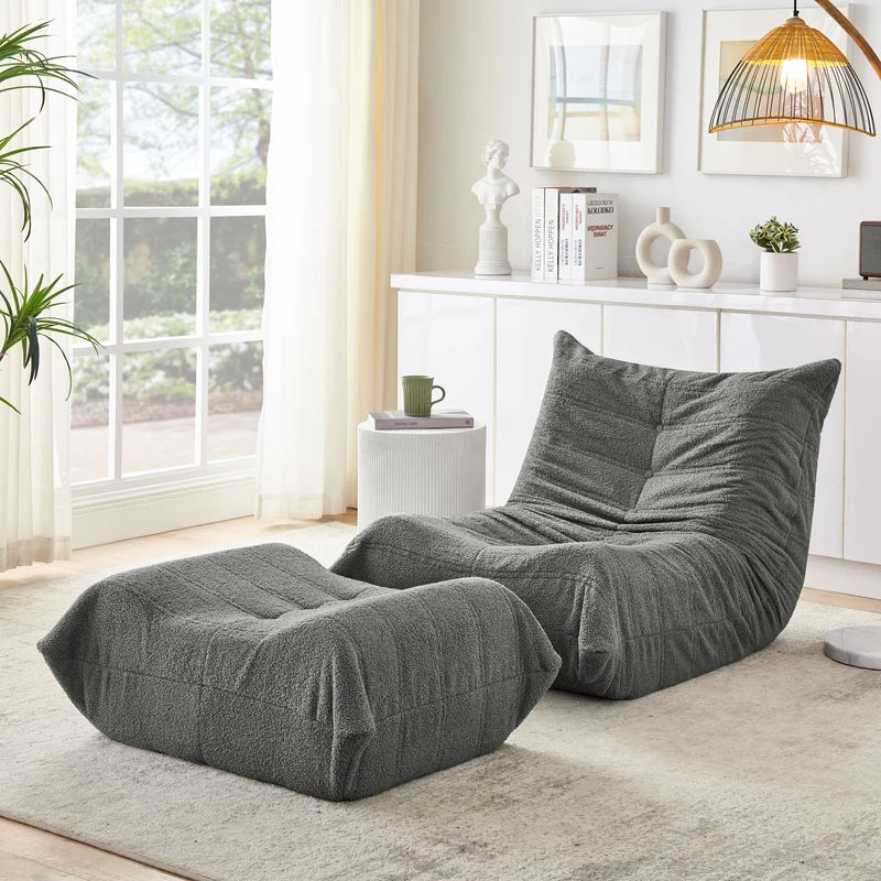 Fauteuil Lazy en peluche teddy gris avec repose-pieds, mousse haute densité VERTEXMORKYNATH