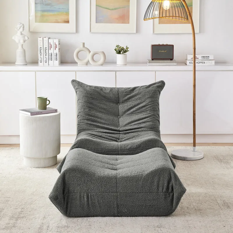 Fauteuil Lazy en peluche teddy gris avec repose-pieds, mousse haute densité VERTEXMORKYNATH
